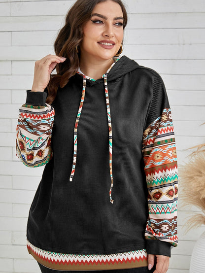 Black Aztec Patchwork Sleeve Waffle Drawstring Plus Hoodie