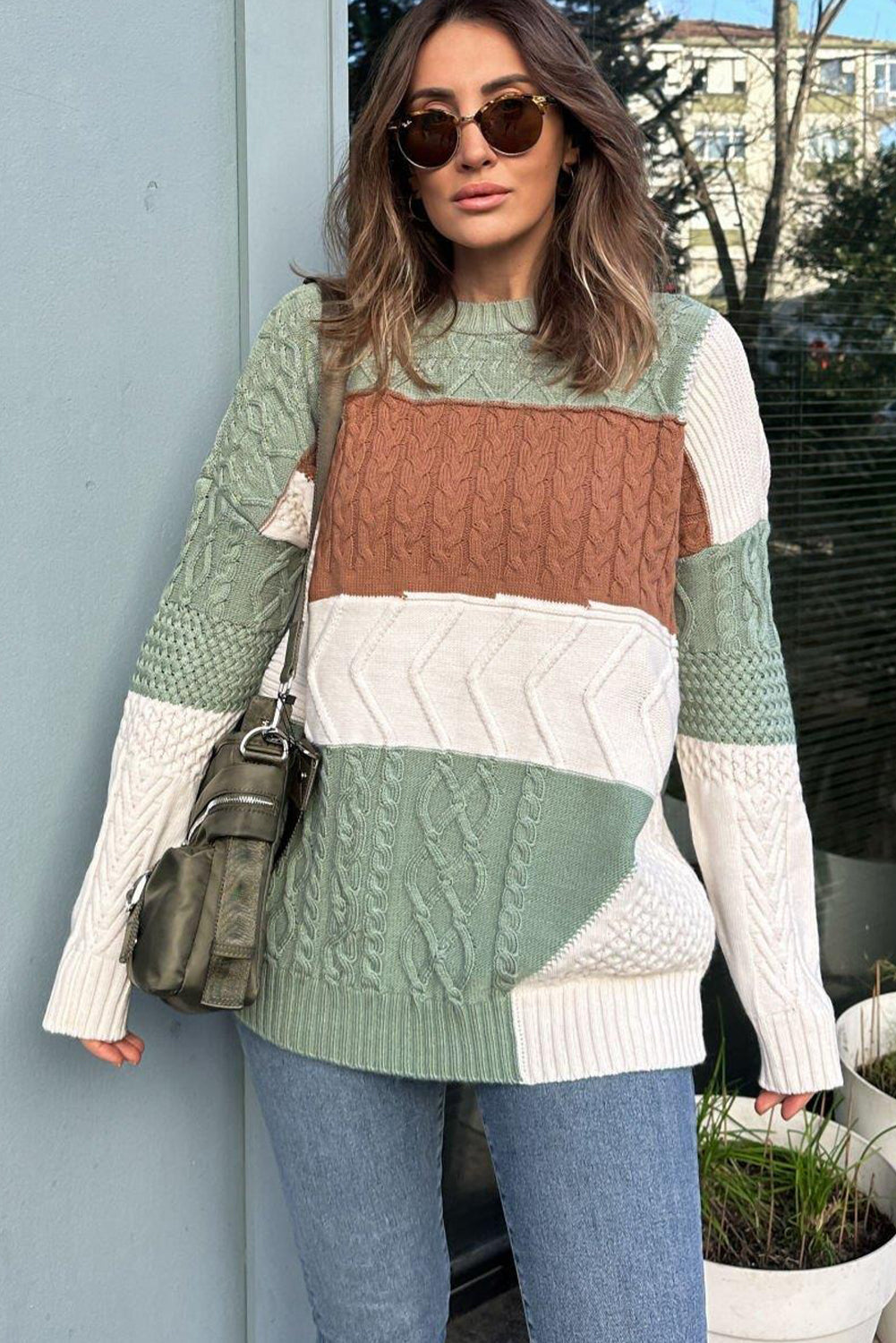 Green Cable Mix Texture Color Block Knit Baggy Sweater