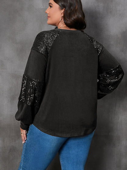 Sparkling Black Plus Size Sequin Patchwork Long Sleeve Top
