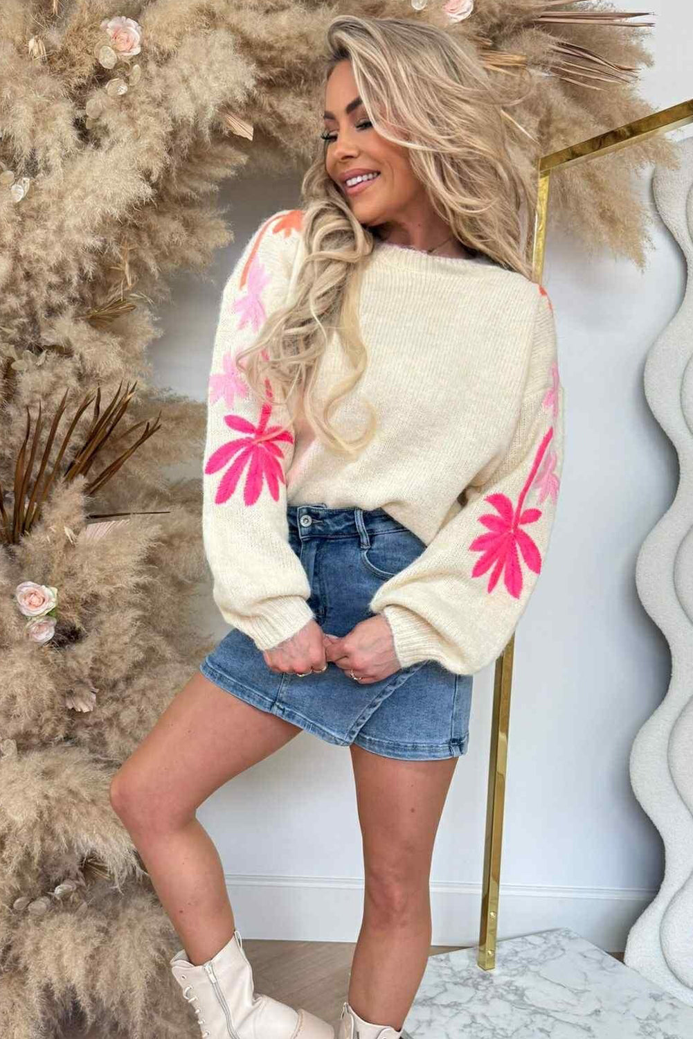 Beige Embroidered Floral Sleeve Round Neck Loose Sweater