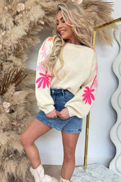 Beige Embroidered Floral Sleeve Round Neck Loose Sweater