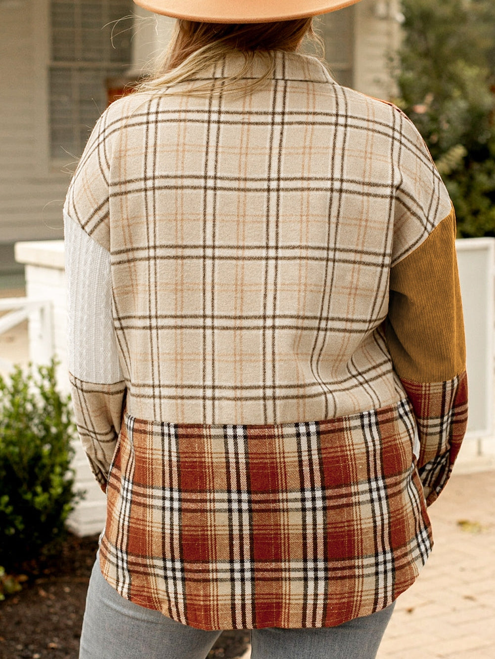 Golden Apricot Plus Size Plaid Patchwork Button up Shacket