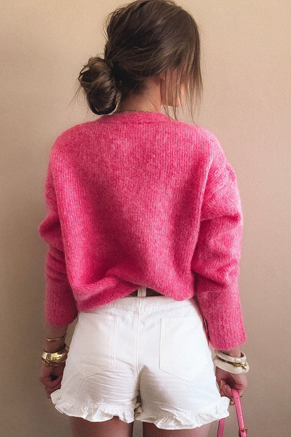 Strawberry Pink V Neck Heart Chunky Knit Metal Button Sweater Cardigan