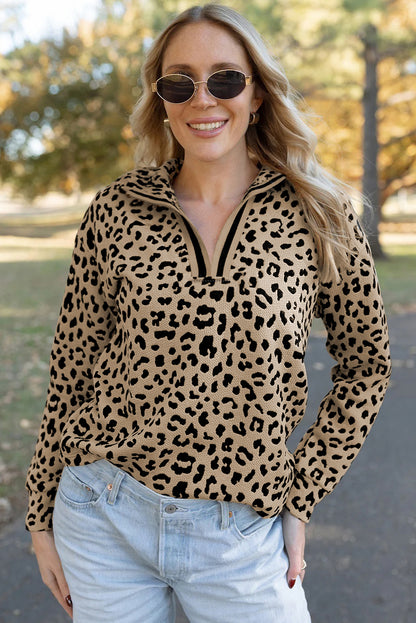 Parchment Leopard Polo Collar V Neck Pullover Top