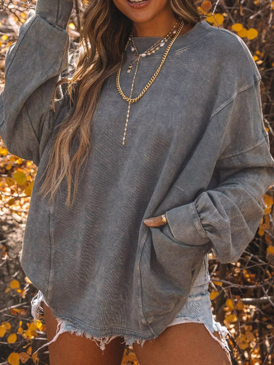Exposed Seam Twist Gray Oversized Pullover with Open Back