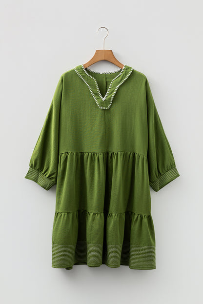 Jungle Green Contrast Stitched V Neck 3/4 Sleeve Tiered Mini Dress