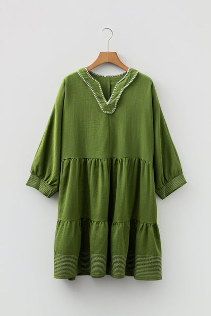 Jungle Green Contrast Stitched V Neck 3/4 Sleeve Tiered Mini Dress