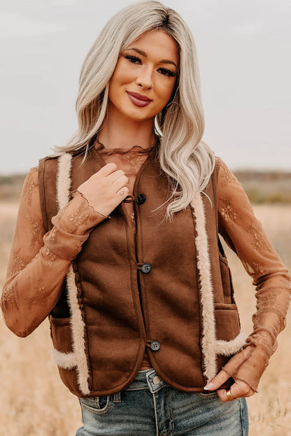 Coffee Faux Suede Plush Trim Button Down Vest