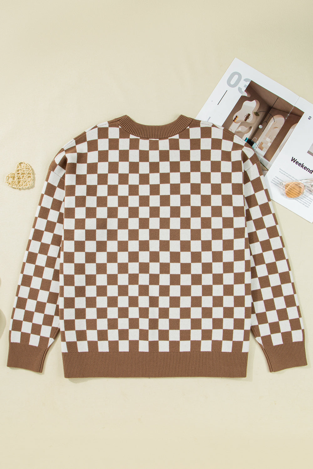 Brown Checkered Contrast Edge Crewneck Plus Size Sweater