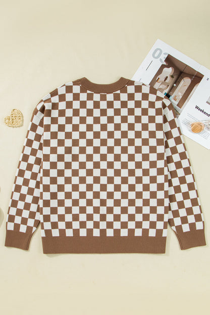Brown Checkered Contrast Edge Crewneck Plus Size Sweater
