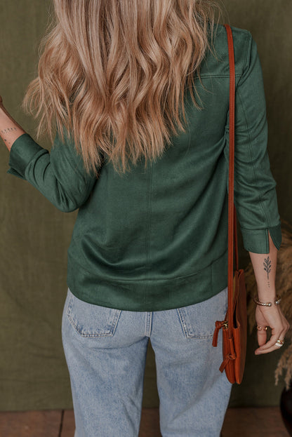 Evergreen Central Seam Detail 3/4 Sleeve Split Neck Top