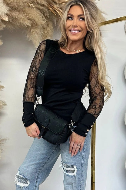 Black Round Neck Ribbed Knit Sheer Lace Patchwork Long Sleeve Top