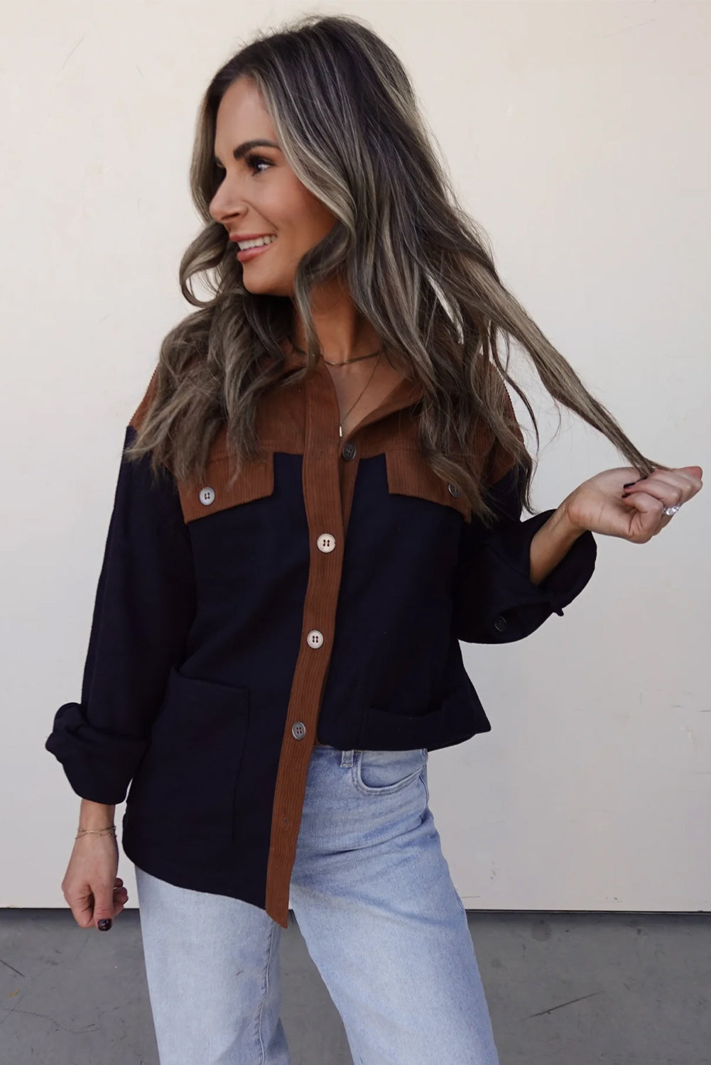 Multicolour Button Flap Detail Color Block Patchwork Corduroy Shacket