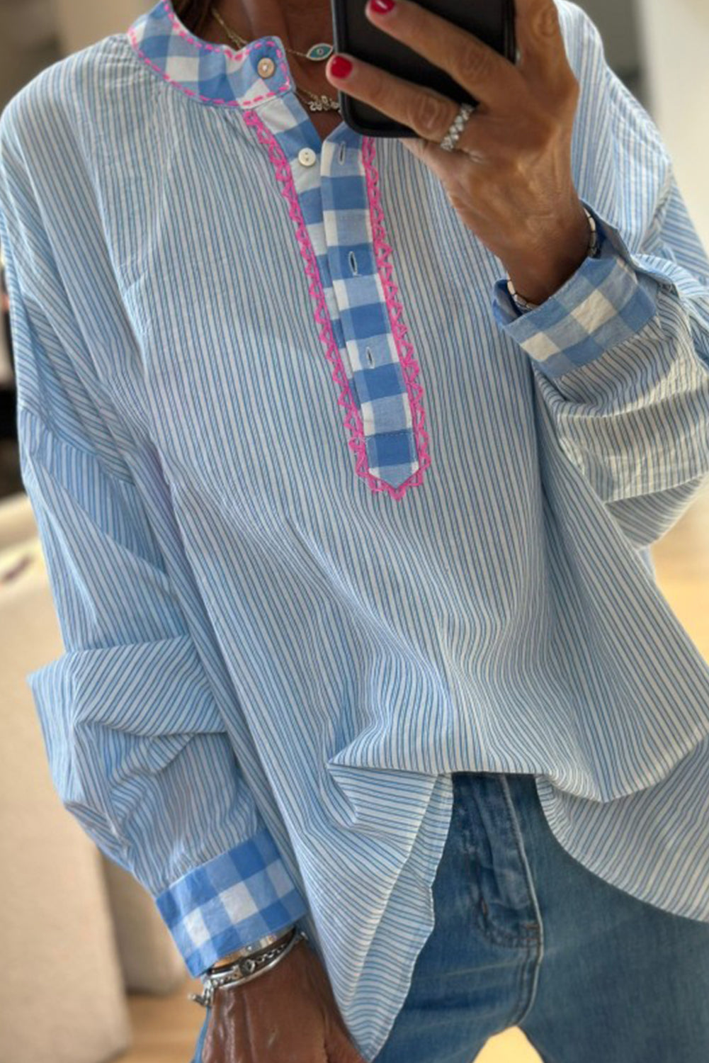 Sky Blue Stripe Plaid Patchwork Half Button Embroidered Trim Long Sleeve Blouse