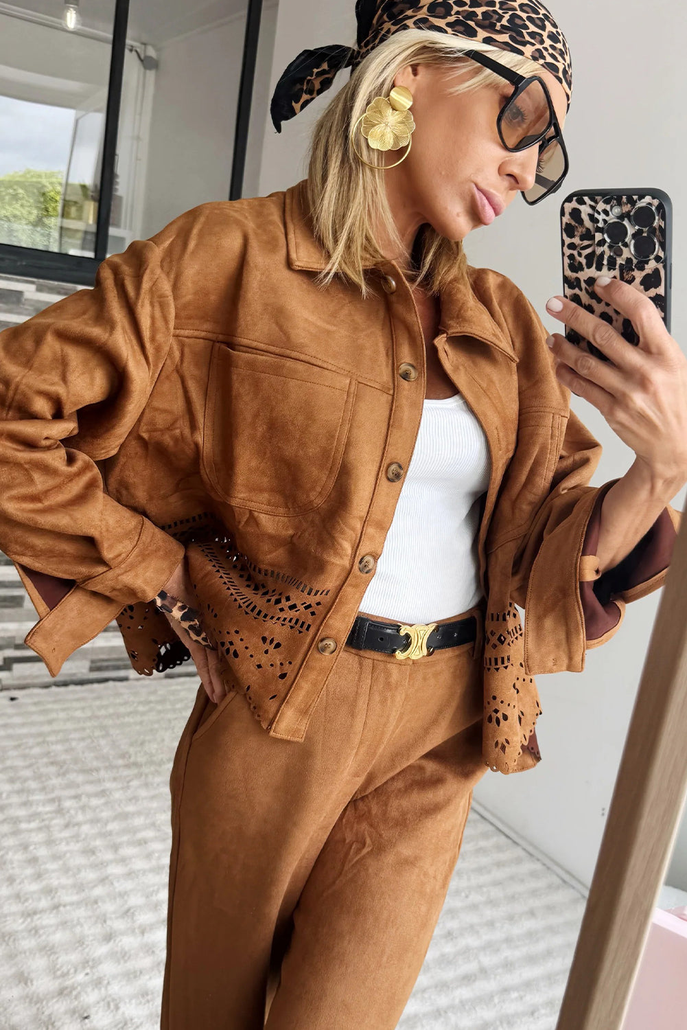 Thai Curry Solid Color Faux Suede Hollowed Detail Button Down Jacket