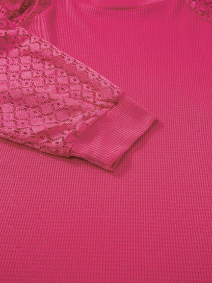 Strawberry Pink Plus Size Contrast Lace Sleeve Waffle Knit Top