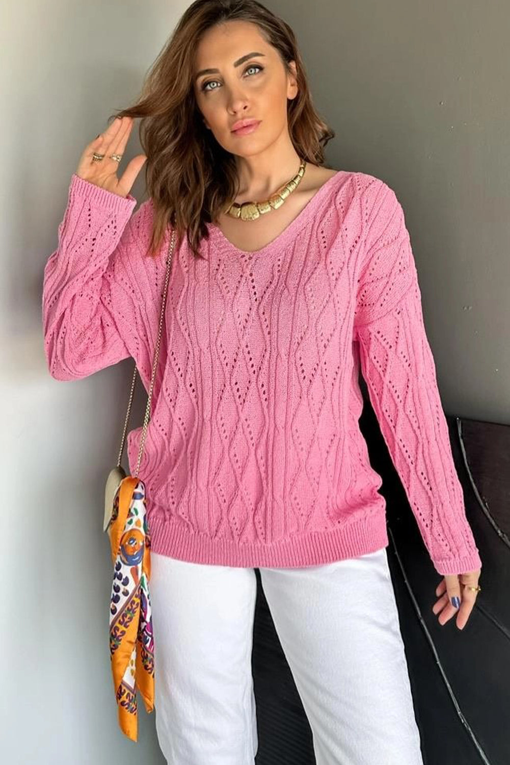 Sachet Pink Geometric Textured Crisscross Lace up Knit V Neck Sweater