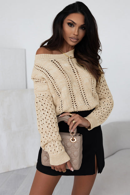 Khaki Cable Knit Drop Shoulder Sweater with Eyelets