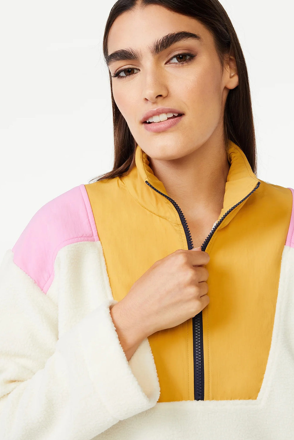 White Fleece Color Block Patchwork Half Zip Sweatshirt