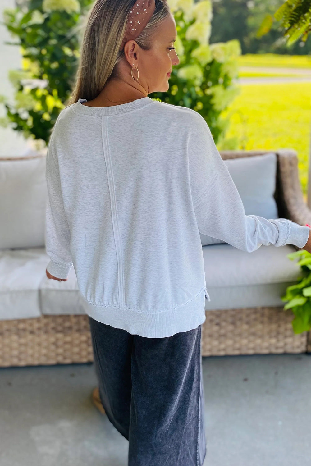 Light Grey Raw Seam Color Block Flower Patched Long Sleeve Top