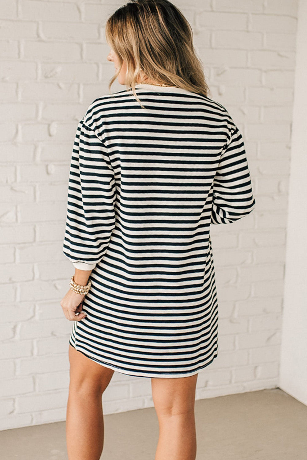 Black Stripe Puffy Bracelet Sleeve Shift Mini T Shirt Dress