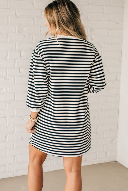 Black Stripe Puffy Bracelet Sleeve Shift Mini T Shirt Dress