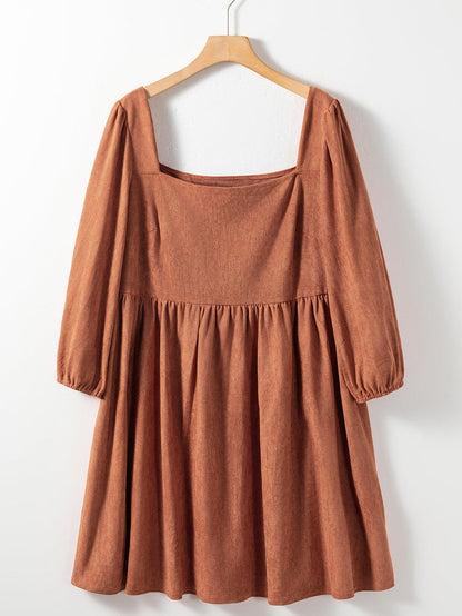 Chestnut Plus Size Suede Square Neck Balloon Sleeve Dress
