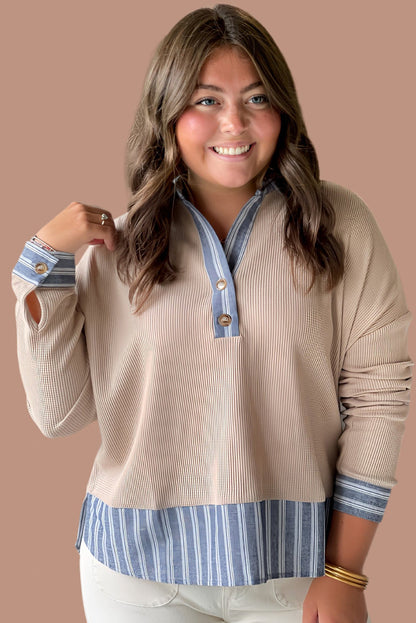 Parchment Plus Size Waffle Stripe Patchwork Shirt Collar Long Sleeve Top