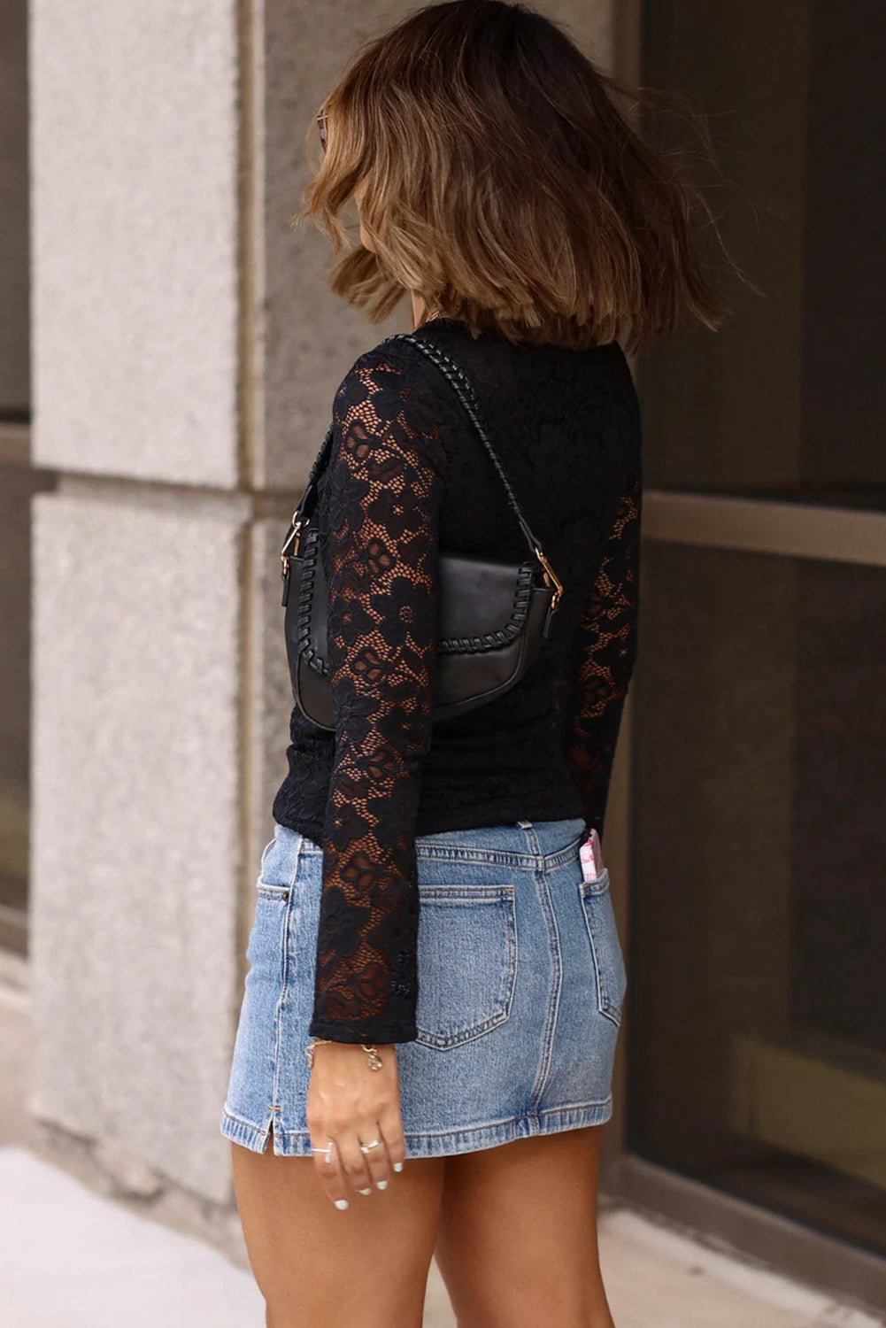 Black Lace Sheer Long Sleeve Round Neck Slim Top