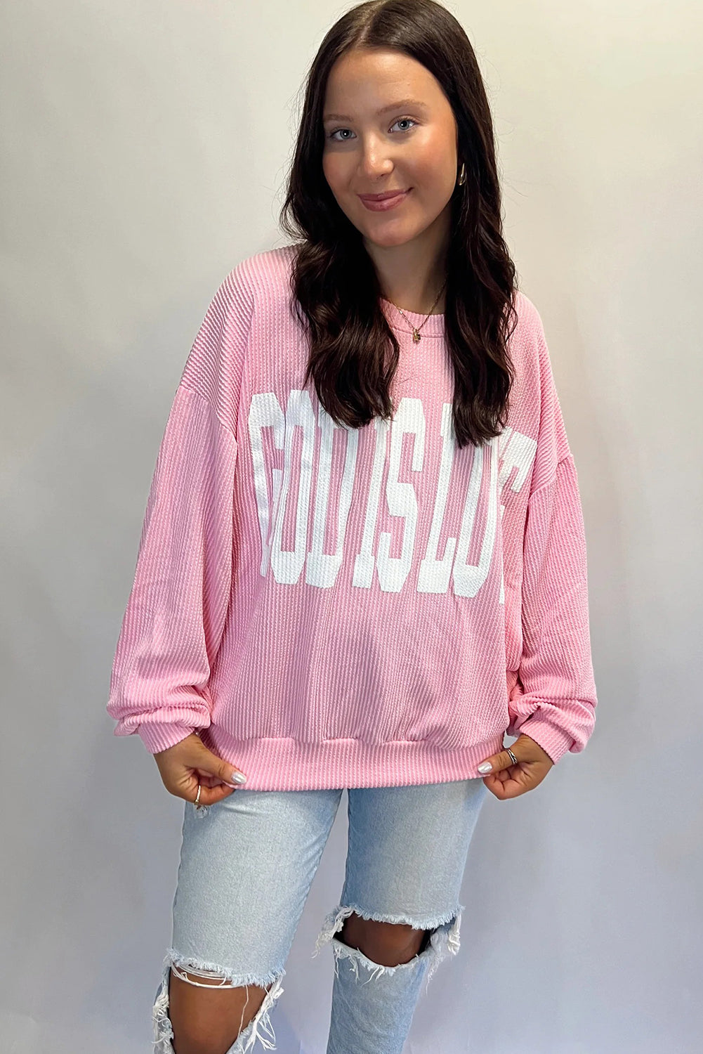 Pink GOD IS LOVE/ SAVED BY GRACE Letter Print Twisted Ribbed Loose Top