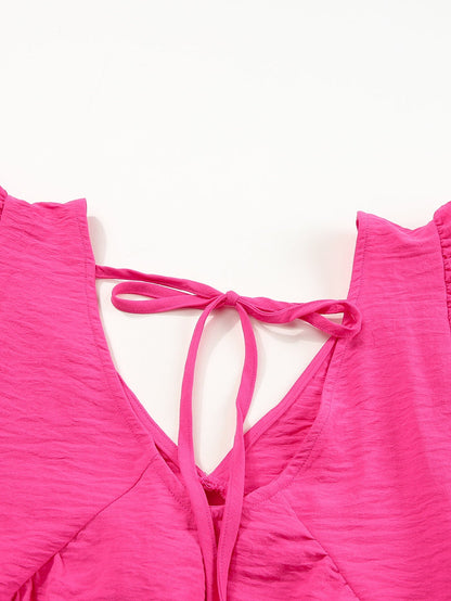 Pretty in Pink V-Neck Ruffle Tunic Top with Tie Back