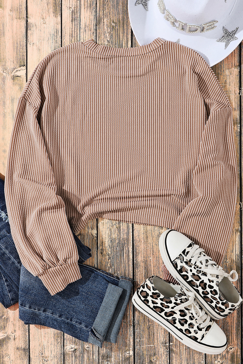 Khaki Corded Drop Shoulder Puff Sleeve Casual Top