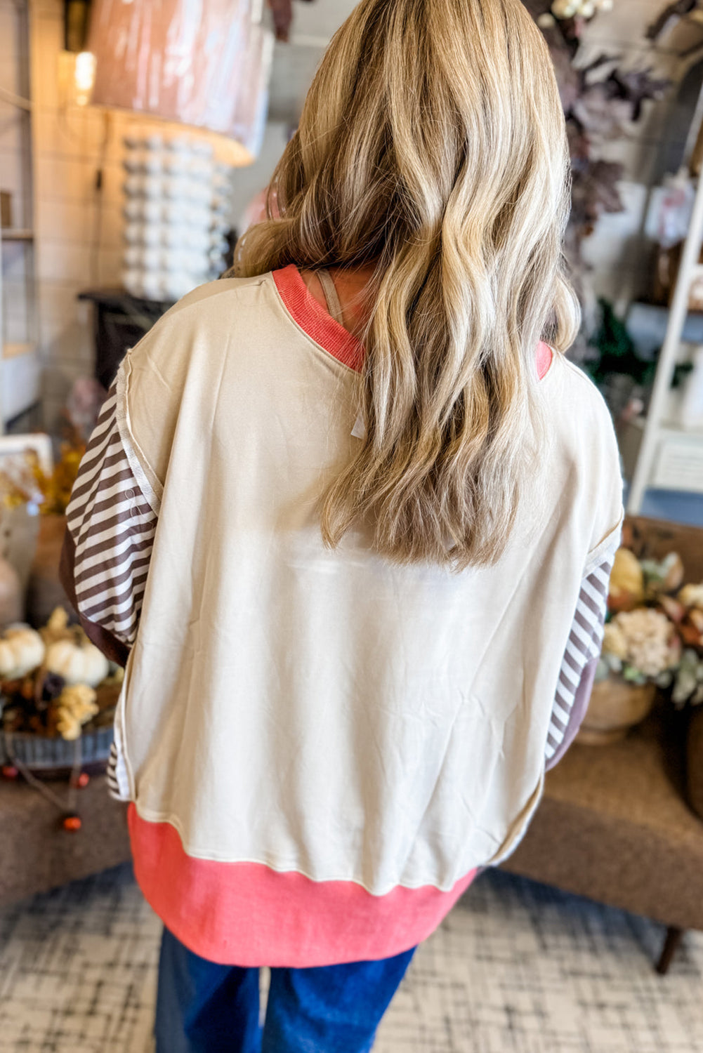 White Color Block Striped Patchwork Dolman Slit Sweatshirt