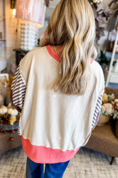 White Color Block Striped Patchwork Dolman Slit Sweatshirt