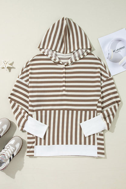 Brown Stripe Quarter Buttons Drop Sleeve Plus Size Hoodie
