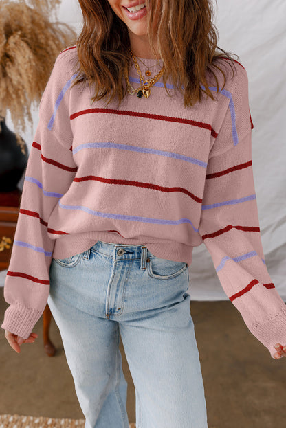 Pink Stripe Ribbed Edge Drop Shoulder Sweater