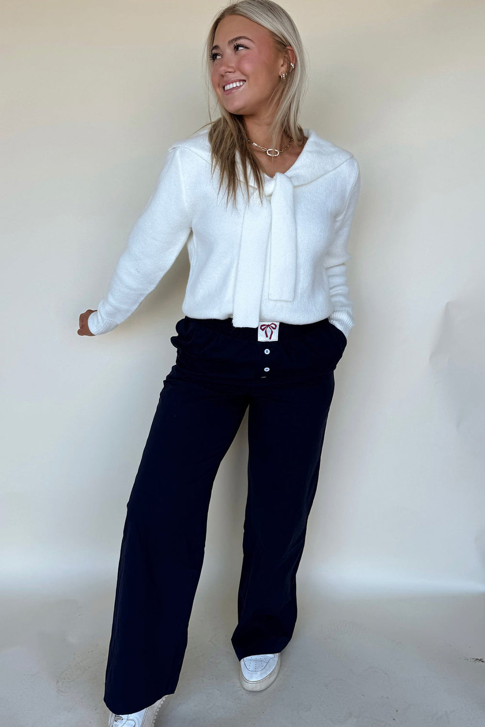 Black Bow Tab Elastic Waist Button Detail Loose Pants