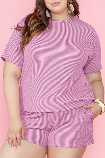 Ribbed Knit Pink Lounge Set for Plus Size Women