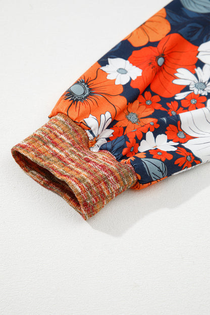 Orange Heathered Knit Lace Floral Patchwork Long Sleeve Blouse