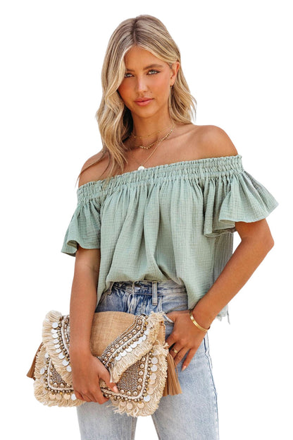 Green Textured Ruffle Off-Shoulder Blouse for Casual Chic