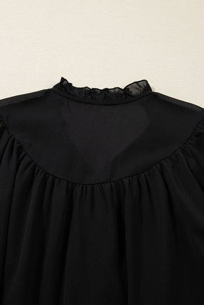 Black Ruffle Balloon Sleeve Chiffon Elegant Plus Size Shirt