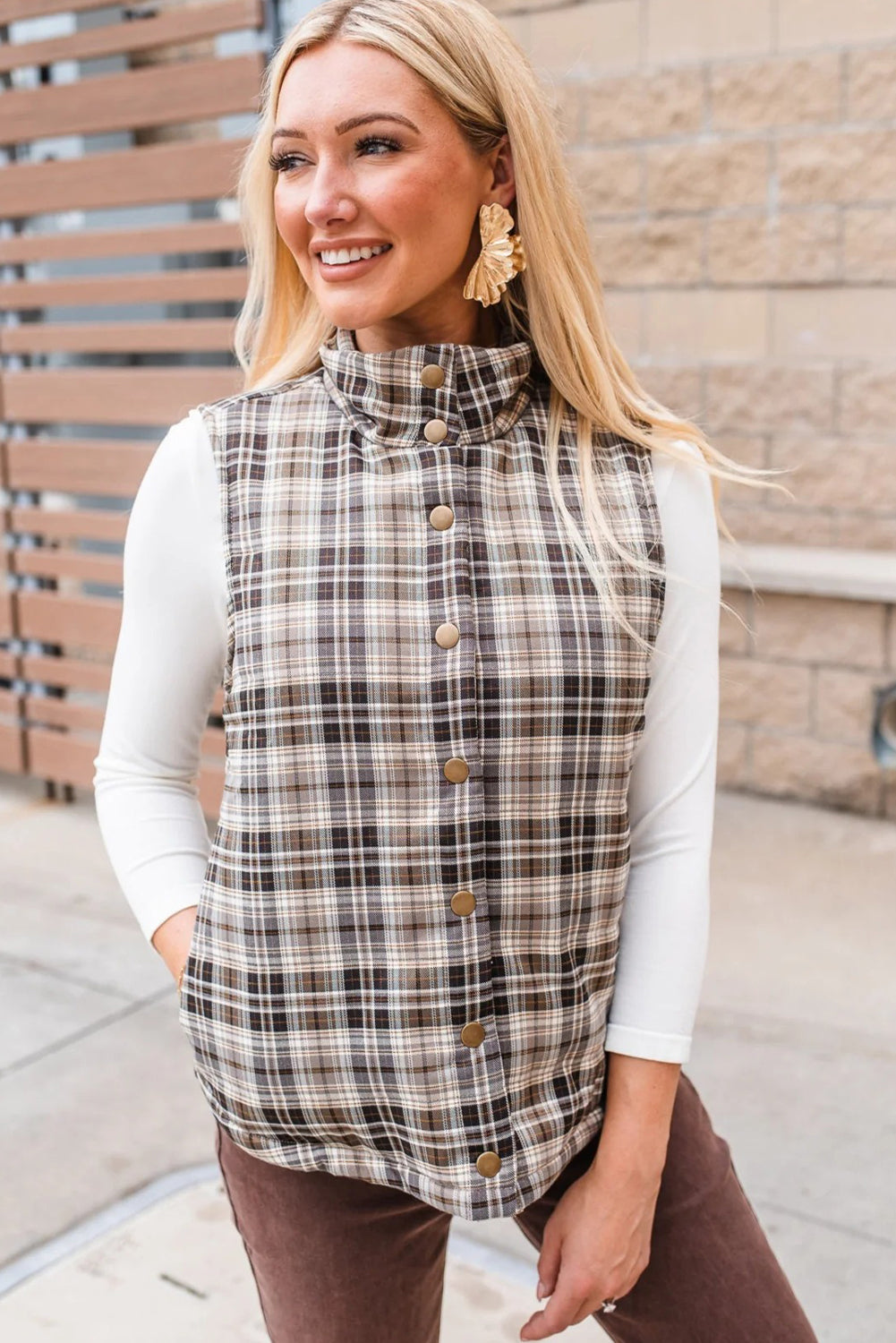 Brown Retro Plaid Print Snap Button Stand Neck Vest