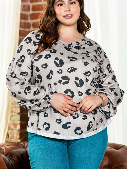 Gray Printed Leopard Balloon Sleeve Thermal Knit Plus Size Top