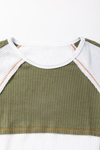 Green Block Patchwork Long Sleeve Waffle Knit Top