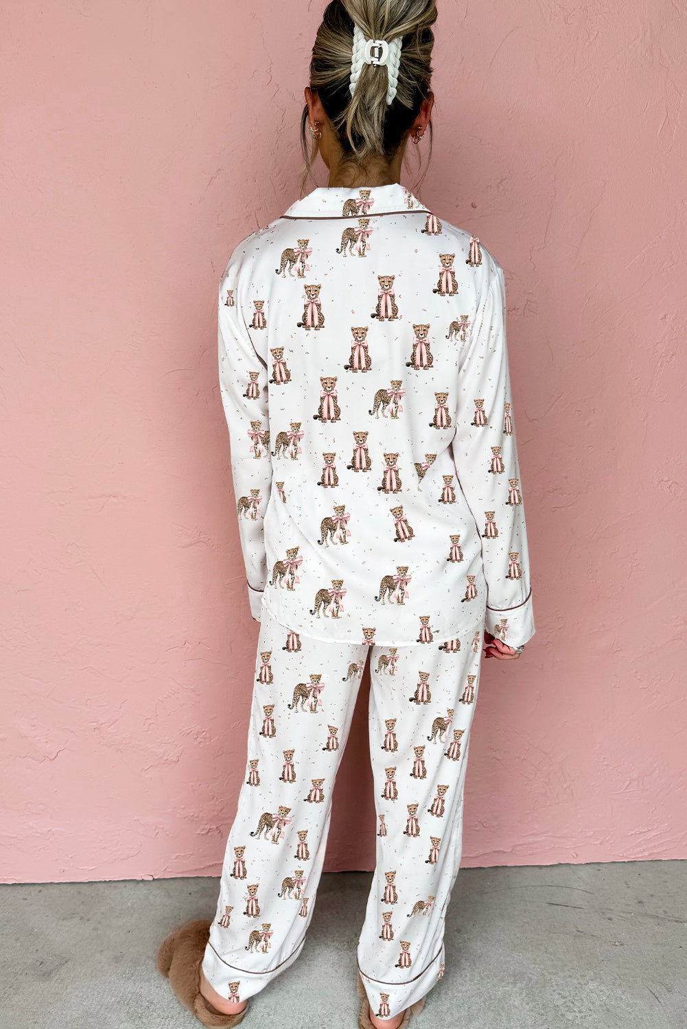 White Pussy Bow Leopard Print Shirt Style 2pcs Pajama Set