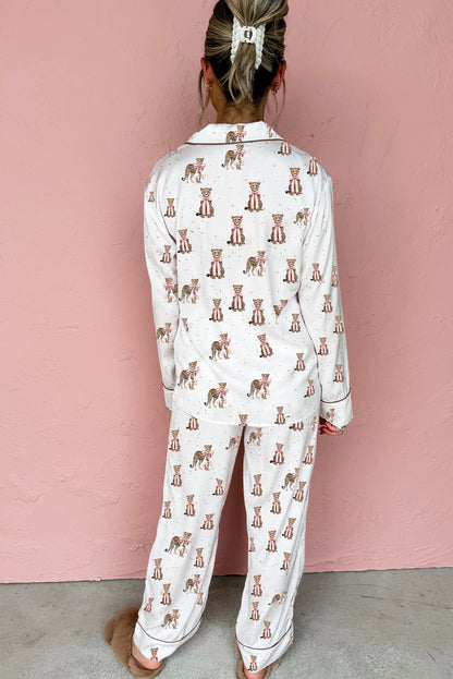 White Pussy Bow Leopard Print Shirt Style 2pcs Pajama Set