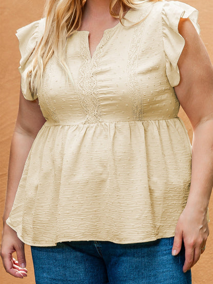 Golden Fleece Plus Size Swiss Dot Lace Trim Split Neck Babydoll Top