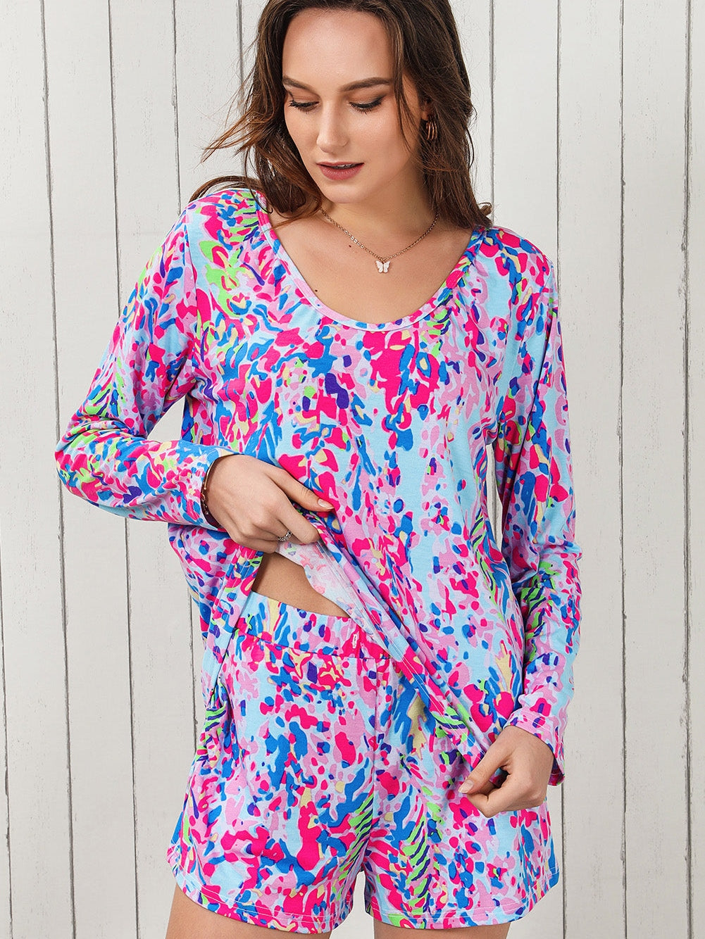 Elegant Purple Floral Lounge Set with Long Sleeve Top and Drawstring Shorts