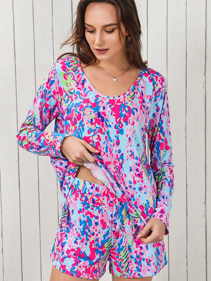 Elegant Purple Floral Lounge Set with Long Sleeve Top and Drawstring Shorts