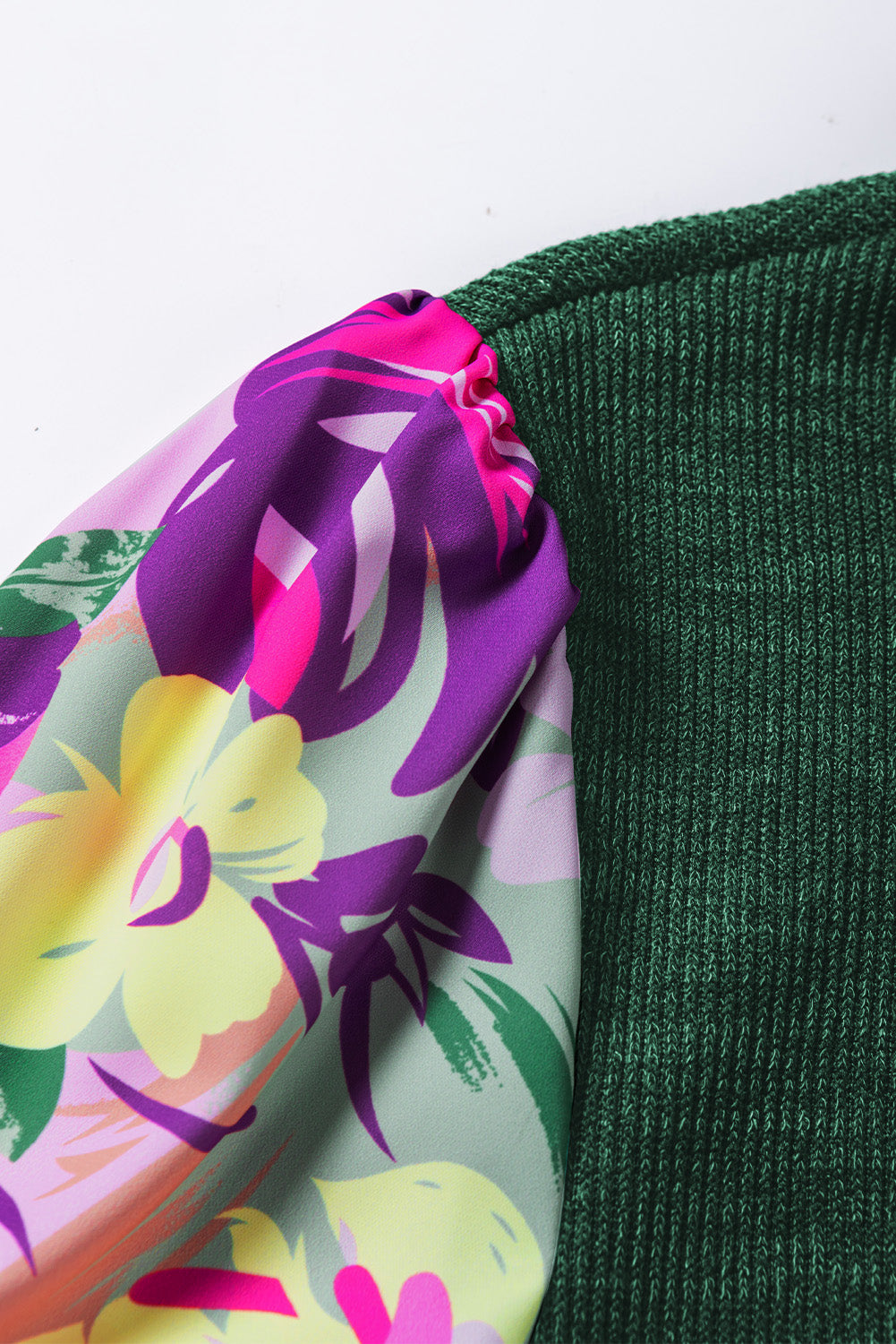 Green Floral Ribbed Frill Neck Long Sleeve Top with a Misty Twist